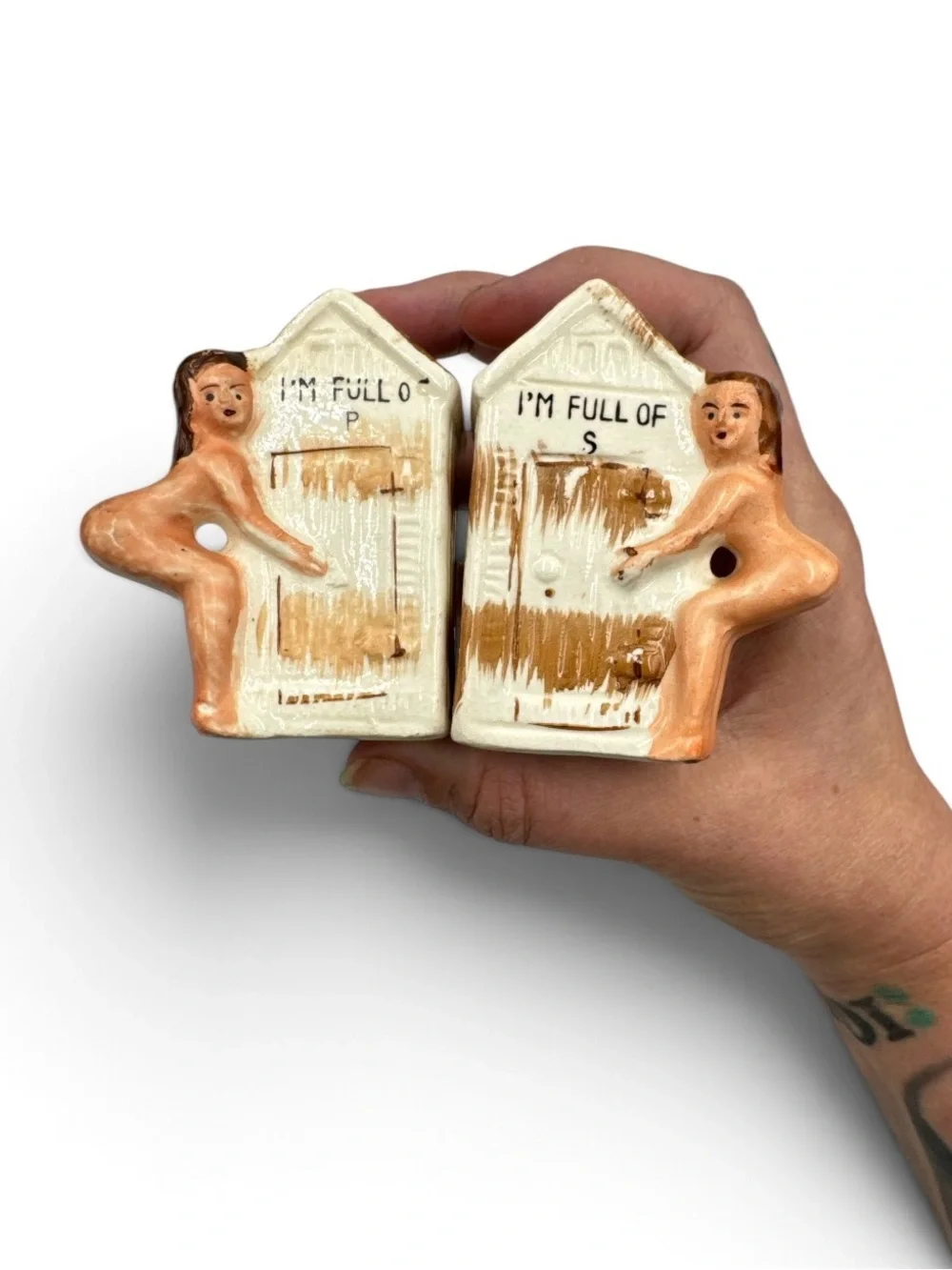 Vintage 1950s Japan Ceramic Nudie Outhouse Salt Pepper Shakers Adult Novelty
